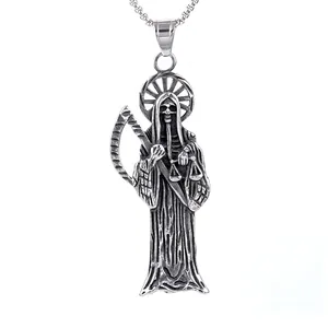 Pendentif faucheuse gothique avec faux et balance sur chaîne en métal vieilli rétro