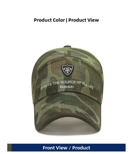 Front view of camouflage mesh baseball cap with breathable fabric and sports badge