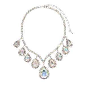 Luxurious silver V-shaped fringe necklace with teardrop crystals and small diamonds