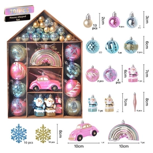Detailed view of a 70-piece pink and gold Christmas ornament set with various sizes and shapes