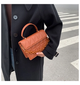Détail du sac carré marron en cuir PU matelassé avec chaîne épaisse et poignée ronde