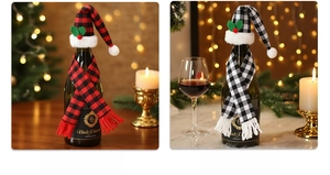 Christmas wine bottle set with plaid mini hat and scarf for festive table decor