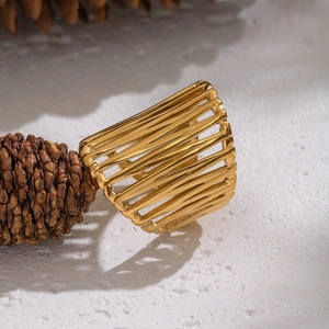 Exaggerated wide hollow geometric woven gold stainless steel ring with pine cone decor