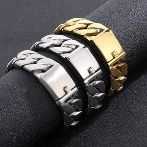 Men Cuban Link Chain Bracelet Titanium Stainless Steel Hip Hop Punk Heavy Wide Flat Mesh Polished Brushed Jewelry