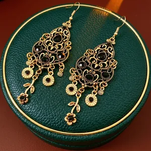 Vintage Flower Gourd Hollow Drop Earrings With Rhinestones And Silver Earring Post Bohemian Luxury Jewelry For Women