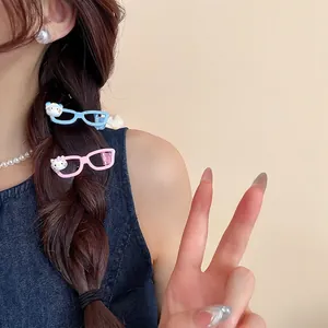 Glasses Frame Shape Hair Clips Copper And Acrylic Duckbill Side Clip With Cartoon Cat Decor For Women Sweet Fashion Jewelry
