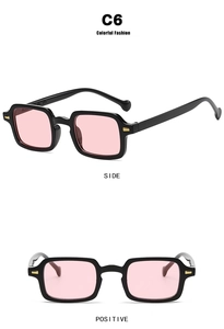 Dual view of square fashion sunglasses with black frame and pink transparent lenses