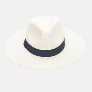 Detailed texture of white straw fedora hat featuring classic black grosgrain ribbon band