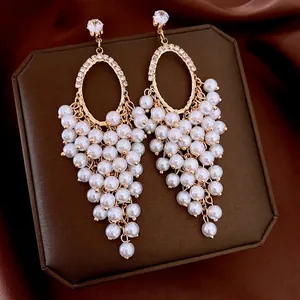Vintage Tassel Drop Earrings With Silver Earring Post Oval Zircon Cluster Imitation Artificial Pearls French Style For Women