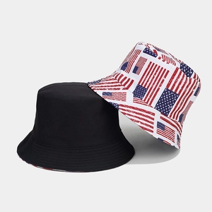 Close-up of reversible bucket hat showing black fabric and American flag print details