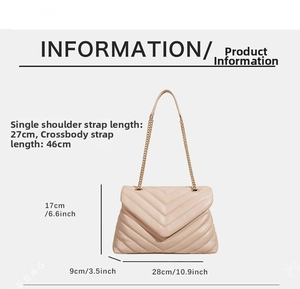 Size chart showing dimensions for beige quilted chain crossbody bag with V-shaped stitching