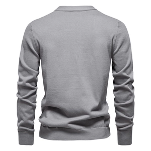 Slim fit light gray V-neck knitted cardigan for men with fine texture and clean back view