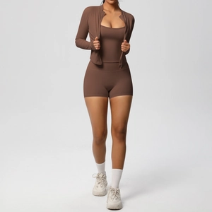 Detailed view of women's 3-piece chocolate brown yoga set with jacket and shorts