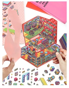 Detail showing retro 2.5D pixel art computer room stickers and 3D folding structure