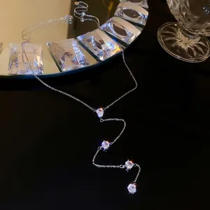 Elegant silver teardrop zircon Y-necklace with long tassel and refined crystal details