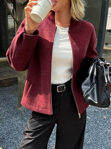 Giacca casual da donna bordeaux con cerniera e maniche lunghe in stile street fashion