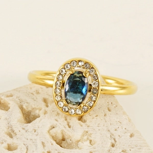Adjustable 18K gold-plated double-layer ring featuring an oval blue stone and diamonds