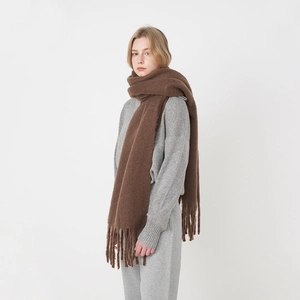 Brown mohair scarf for women with thick wool texture and long decorative tassels
