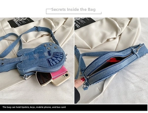 Detailed view of the guitar shaped denim bag showing its interior capacity and texture