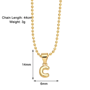 Detailed view of golden letter C pendant necklace with chain length and size measurements