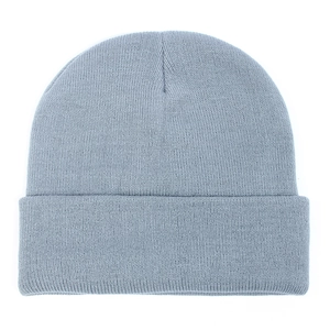 Detail view of the fine ribbed knit texture and wide cuff on the grey beanie hat