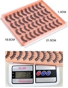 Detailed view of 20 pairs of Russian volume false eyelashes in 21.5x18.5x1.4cm packaging