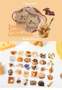 Flat lay of diverse dessert and cat-shaped toast stickers for DIY journals and decoration
