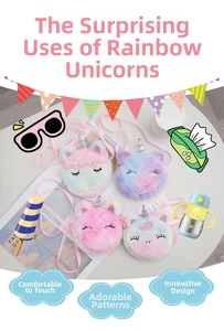 Detail of colorful plush unicorn bags showing soft furry texture and unicorn horn features