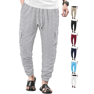 Men's lightweight linen texture cargo joggers with drawstring waist in light gray color