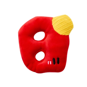 Plush red squeaky dog toy with yellow knitting and embroidery for small breeds