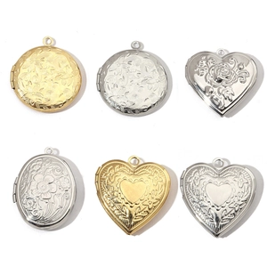 Locket Pendants Stainless Steel Floral Embossed Openable Photo Frame Heart Round Oval Polished Vintage Style DIY Jewelry Accessories