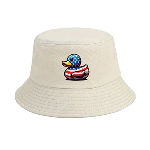 Cream cotton bucket hat featuring a duck graphic with American flag pattern design