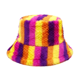 Rainbow striped faux rabbit fur bucket hat with wide brim for warm winter outdoor styling