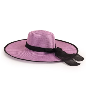 Detail of purple wide brim straw hat featuring black mesh ribbon and fine woven texture