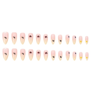 24pcs long almond press-on nails with cute cartoon insects and garden bunny patterns
