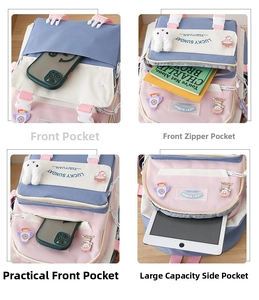 Detailed views of multi-compartment student backpack showing storage for tablet and books