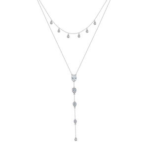 Double-layer silver chain necklace with sparkling water-drop pendants and zircon stones