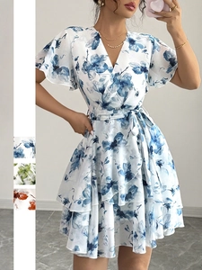 Vestito Mini Floreale Scollo A V Manica Corta Orlo A Volanti Cintura Estate Vacanza Casual Poliestere Donne