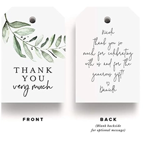 Leaf design Thank You gift tags in white cardstock showing front and back view