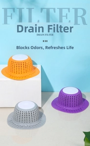 Tre filtri lavello colorati in silicone arancione, viola e grigio con design a cappello