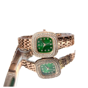 Fashionable green square dial watch with rhinestones and rose gold metal bracelet