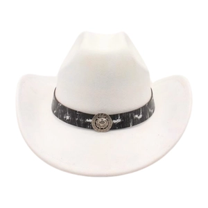 Detail of white cowboy hat with black band featuring a silver lion head and Greek key pattern