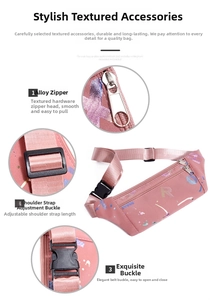 Pink sports fanny pack details showing alloy zipper and adjustable buckle for running