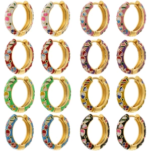 Detailed grid showing colorful enamel flower earrings with intricate patterns on gold finish