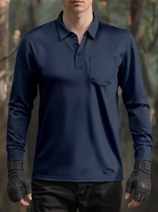 Detail of navy long sleeve tactical polo shirt featuring breathable mesh and chest pocket