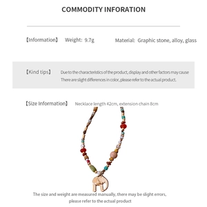 Detailed specs of beaded necklace with elephant pendant showing weight and material dimensions