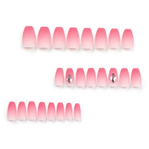 Short matte pink gradient press-on nails with diamond accents in a 24-piece full set