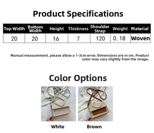 Detailed size chart for straw bag with pearl handle and crossbody strap measurements