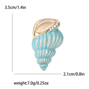 Blue enamel conch shell brooch with gold texture and opal stone on white background