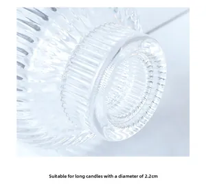 Detail view of transparent glass candle holder for 2.2cm taper candles with vertical stripes